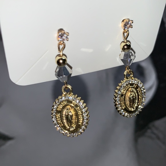 Cubic Zirconia Stud Post Earrings with Gold Plated Pendant and Rhinestones - Picture 11 of 14